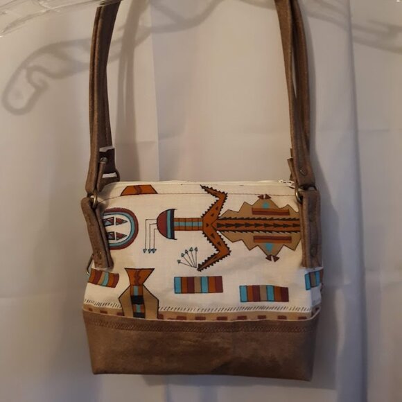 New Vinyl Double handle Shoulder Satchel Bag Purse Brown Aqua Southwestern print - Picture 7 of 12